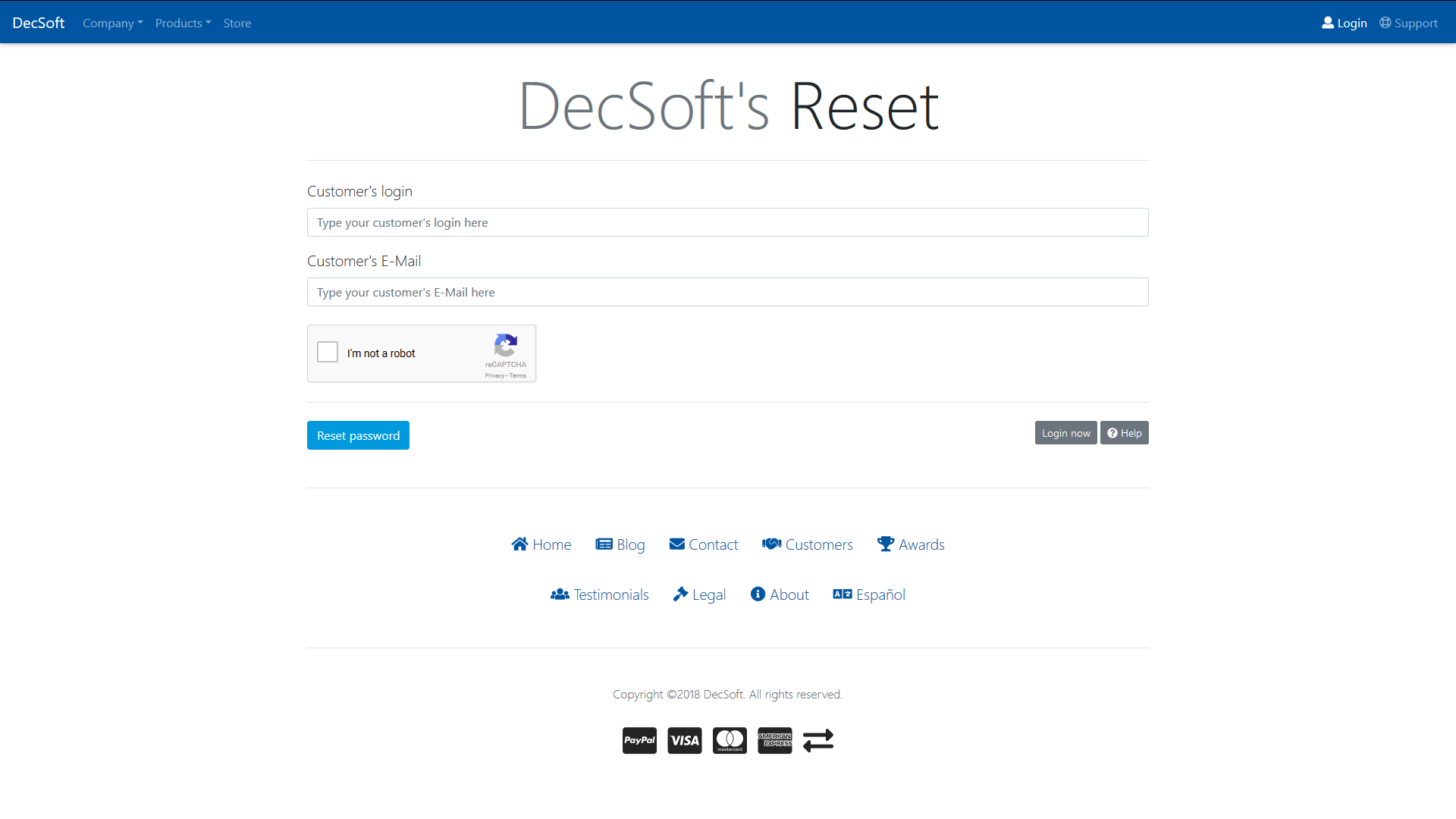 El formulario para renovar contraseñas de cliente de DecSoft